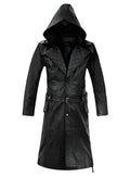 leather coat, leather long coat, leahter trench coat, leather leather overcoat, hooded leather coat