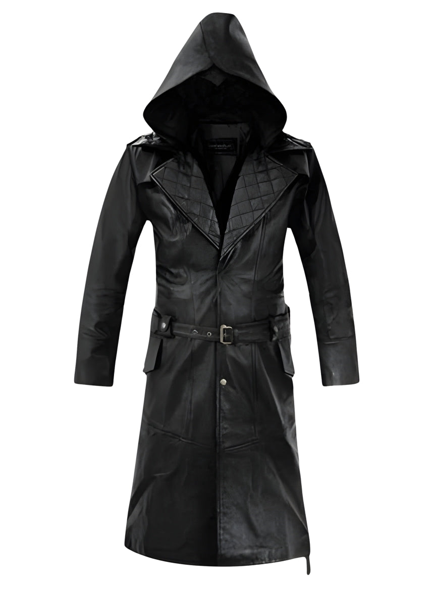 Genuine Leather Hooded Trench Coat For Men