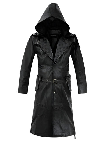 Genuine Leather Hooded Trench Coat For Men