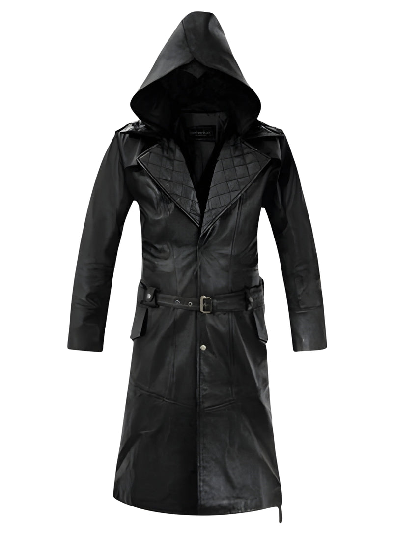leather coat, leather long coat, leahter trench coat, leather leather overcoat, hooded leather coat