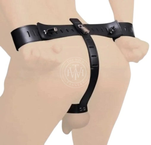 Waist to Ball Cuffs, Leather Waist Balls Cuffs, Black Cuffs, Leather Balls Cuffs, Leather Handcuffs
