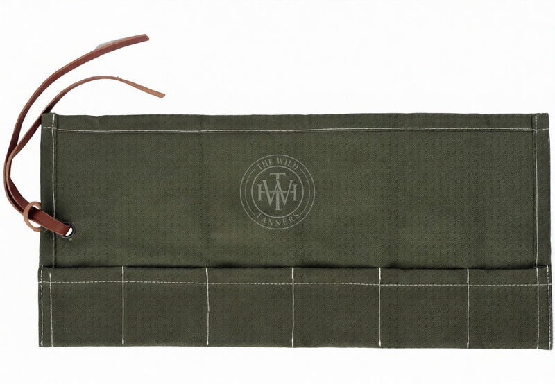 canvas tool roll, green tool wrap, leather strap tool holder, portable tool organizer, foldable tool pouch, handmade tool roll