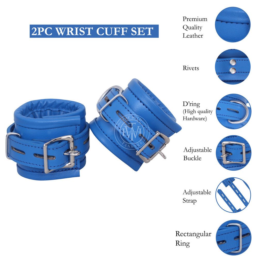 7 pcs blue leather bondage handcuffs set unisex, blue leather bondage cuffs, bondage cuffs set, unisex handcuffs set