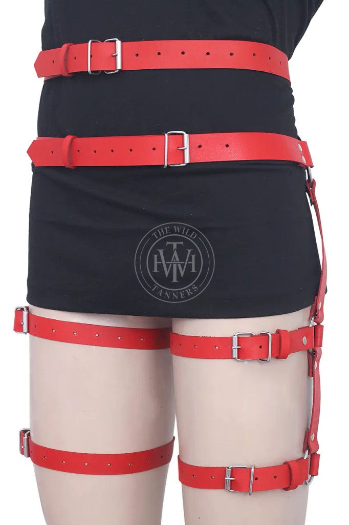 waist to thigh harness, red leather harness, adjustable bondage harness, leather leg harness, leather leg harness belt
