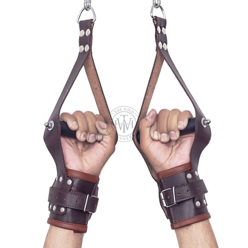 Brown Leather Cuffs, Suspension Cuffs, BDSM Wrist Restraints, Adjustable Leather Cuffs, Heavy-Duty Leather Cuffs