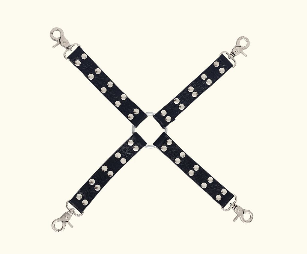 leather hogtie, black leather hogtie, BDSM hogtie