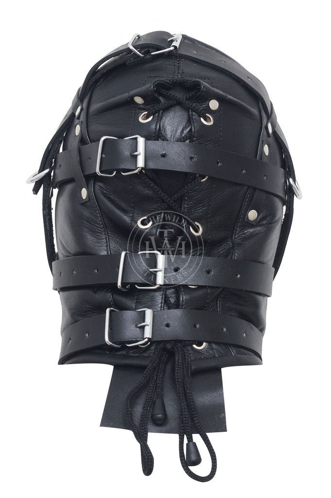 leather bondage hood, BDSM hood, adjustable leather hood