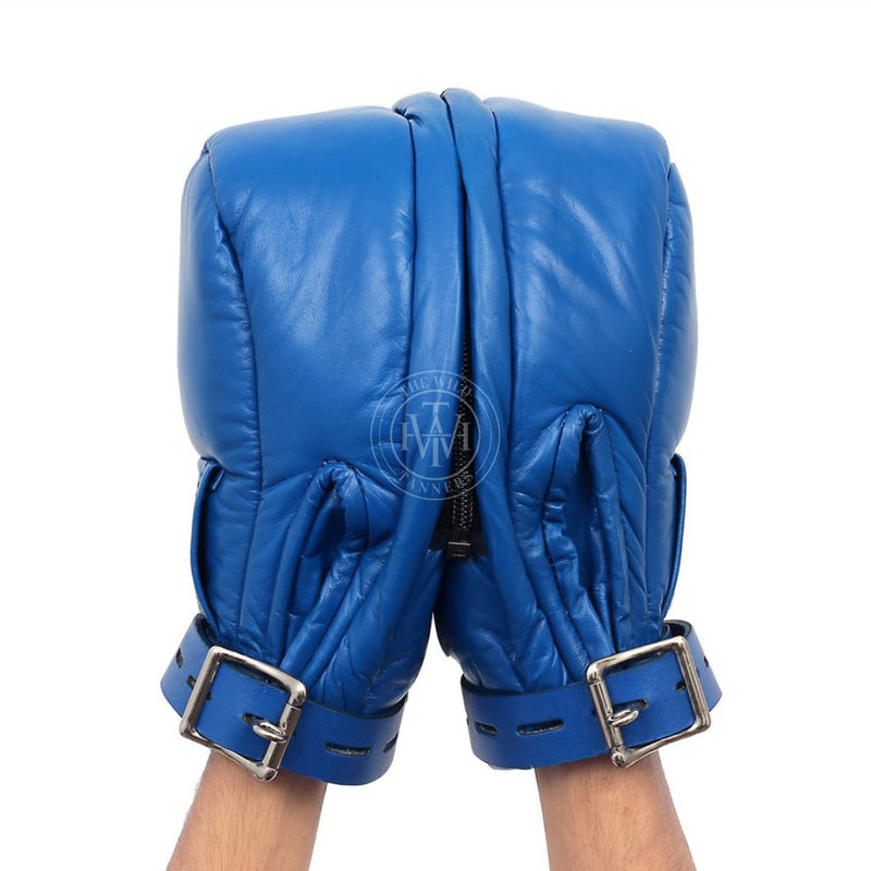 blue locking mittens, leather bondage gloves, BDSM mittens