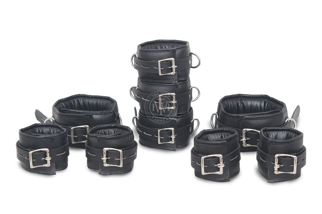 black leather bondage handcuffs, padded BDSM cuffs, adjustable leather restraints, D-ring bondage set, premium leather restraint set