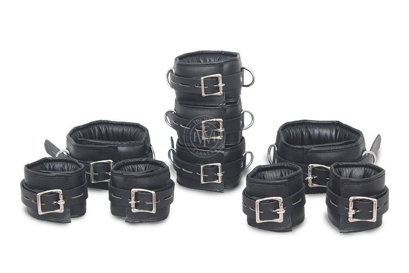 black leather bondage handcuffs, padded BDSM cuffs, adjustable leather restraints, D-ring bondage set, premium leather restraint set