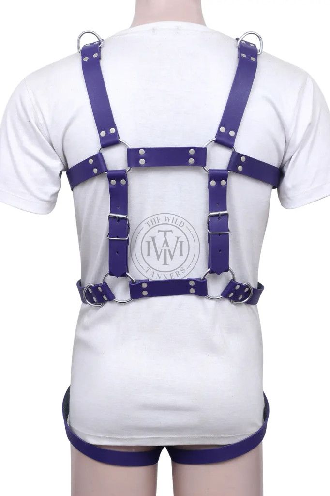 purple leather harness, cock ring harness, bdsm leather harness, adjustable men’s harness, leather cock ring harness