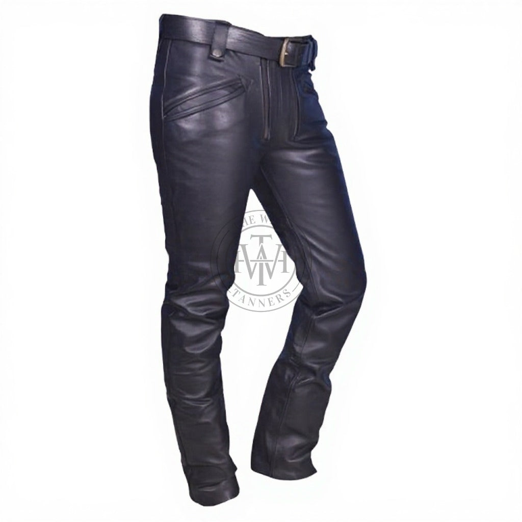 Black Leather Pants with Dual Zip Fly, view 2