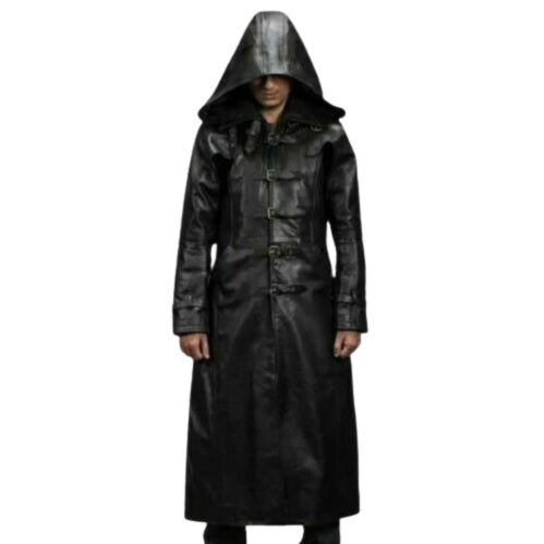 leather coat, leather long coat, leahter trench coat, leather leather overcoat, leather hooded long coat