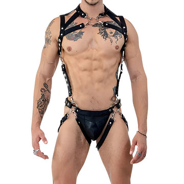 leather bondage harness with jockstrap & snap hooks