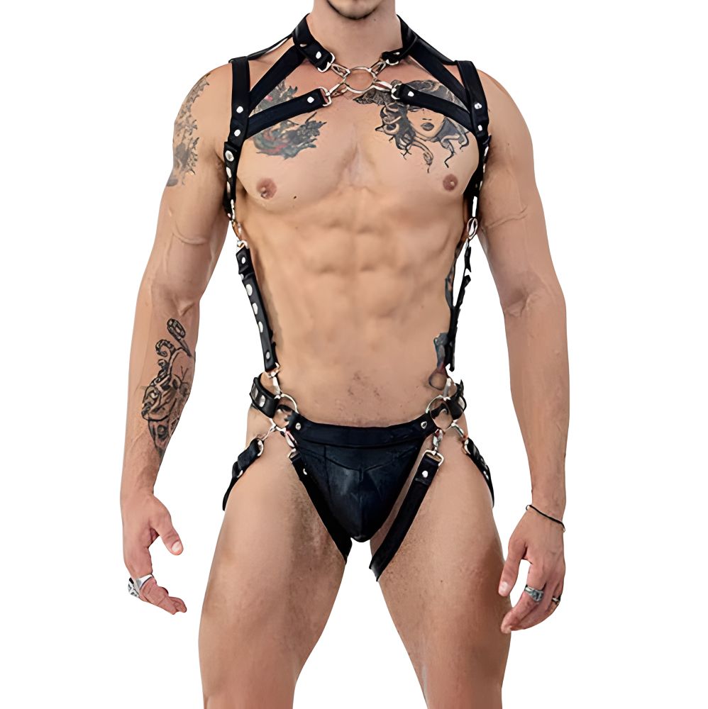 leather bondage harness with jockstrap & snap hooks