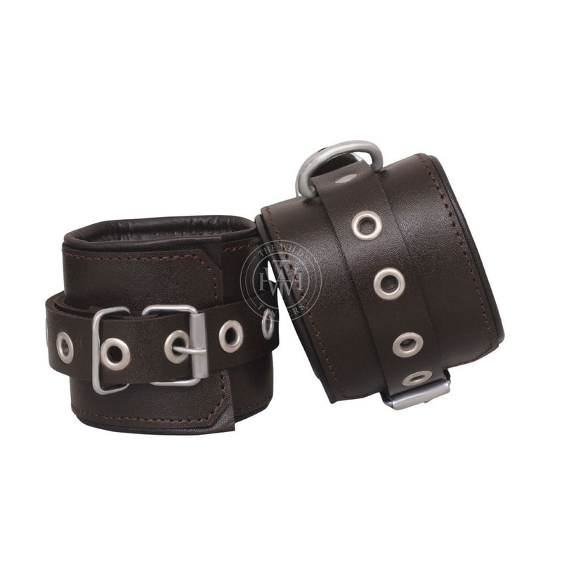 brown leather handcuffs, BDSM restraints, adjustable leather cuffs