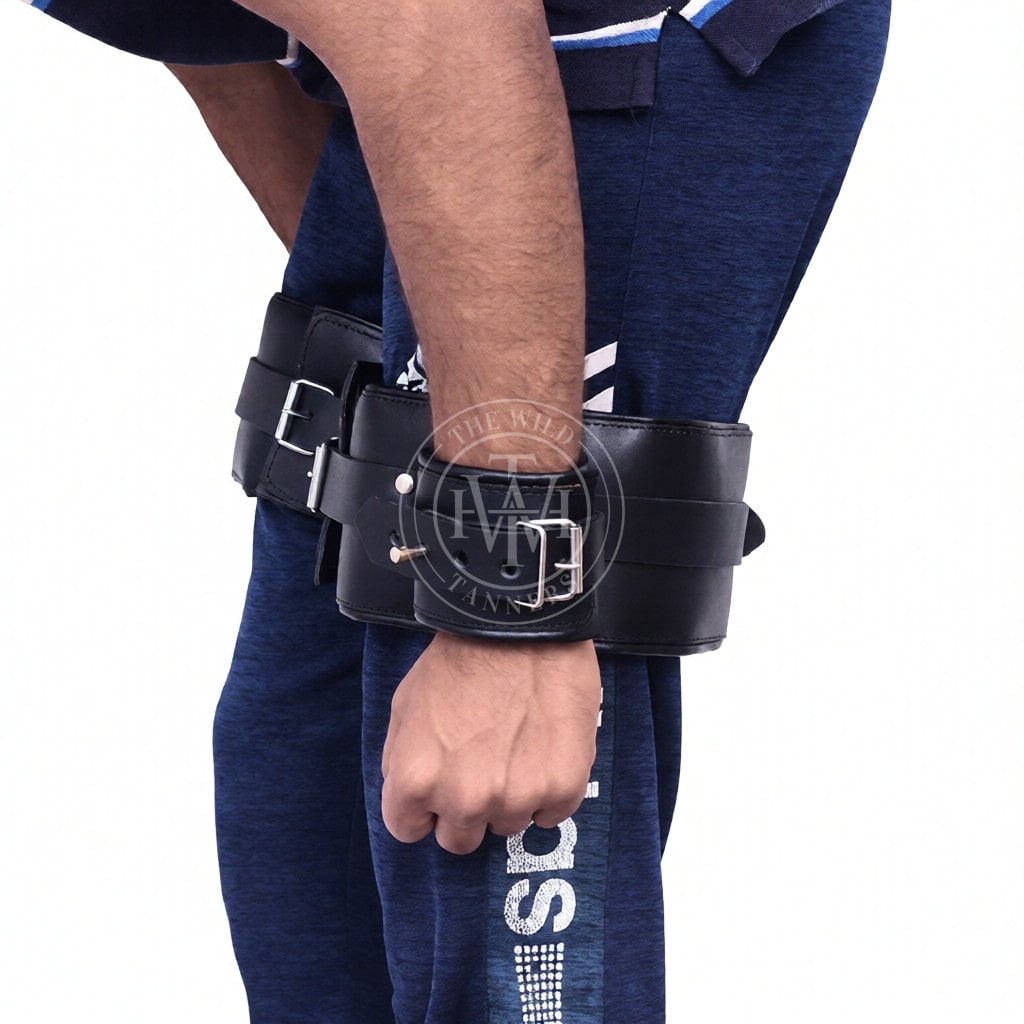 Bondage Wrist to Thigh Leather Handcuffs, view 3