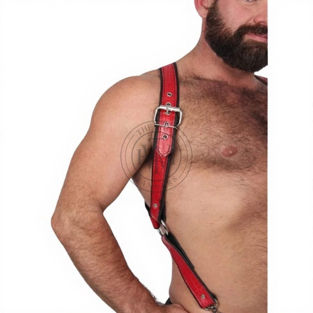 leather harness, leather gay harness, leather bondage harness, mens leather harness, leather harness for men, bondage harness, gay harness, gay leather harness, mens leather harness, leather body harness, body harness, leather jockstrap, adjustable leather harness, durable leather, men’s leather gear, body harness with jockstrap, metal accents, premium leather, secure fit, bold leather harness