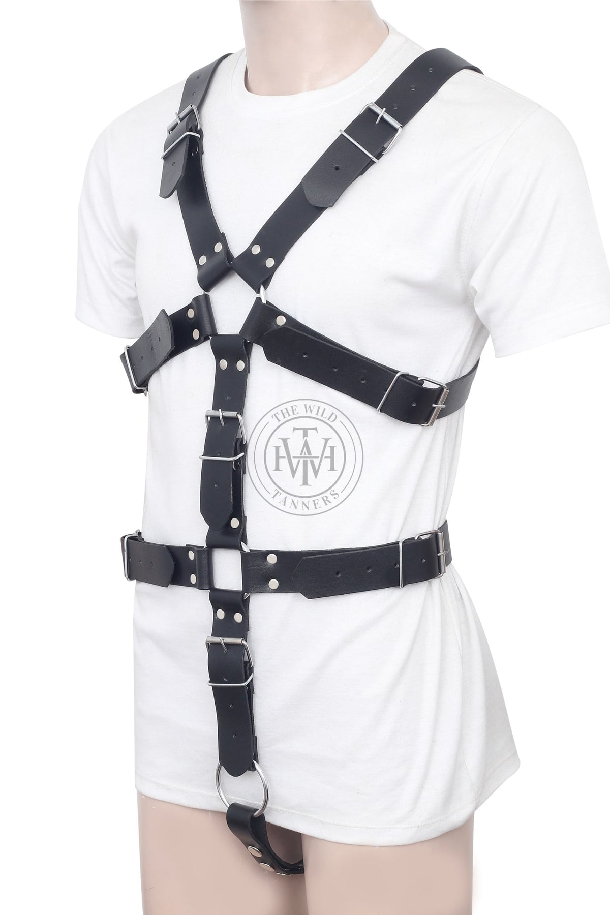 Crossbow leather bondage harness with cock ring, view 2