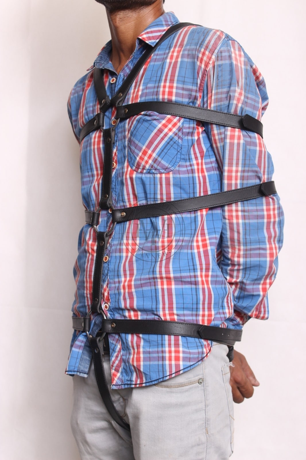 Unisex leather body harness with triple O-rings, view 2