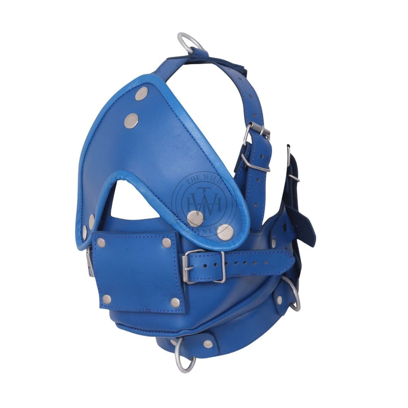 Side view of model wearing Bondage Muzzle With Blindfold & Mouth Gag