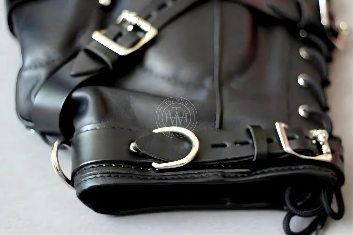 Adjustable leather bondage hood with lace-up back, view 3