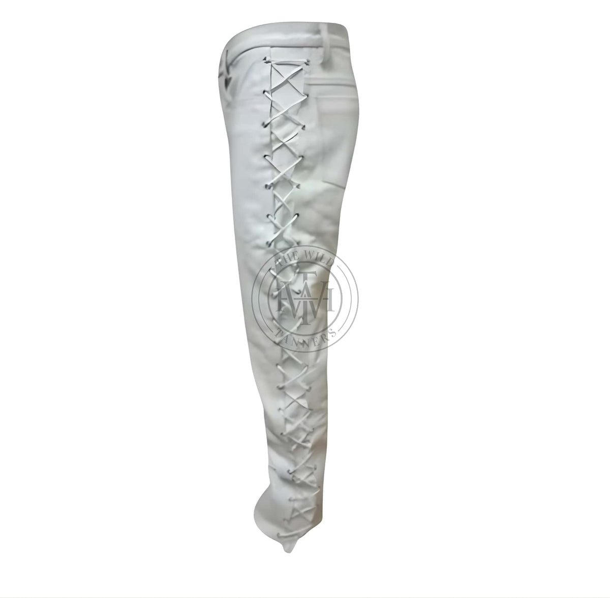Men's White Side Lace-up Leather Pants, view 3
