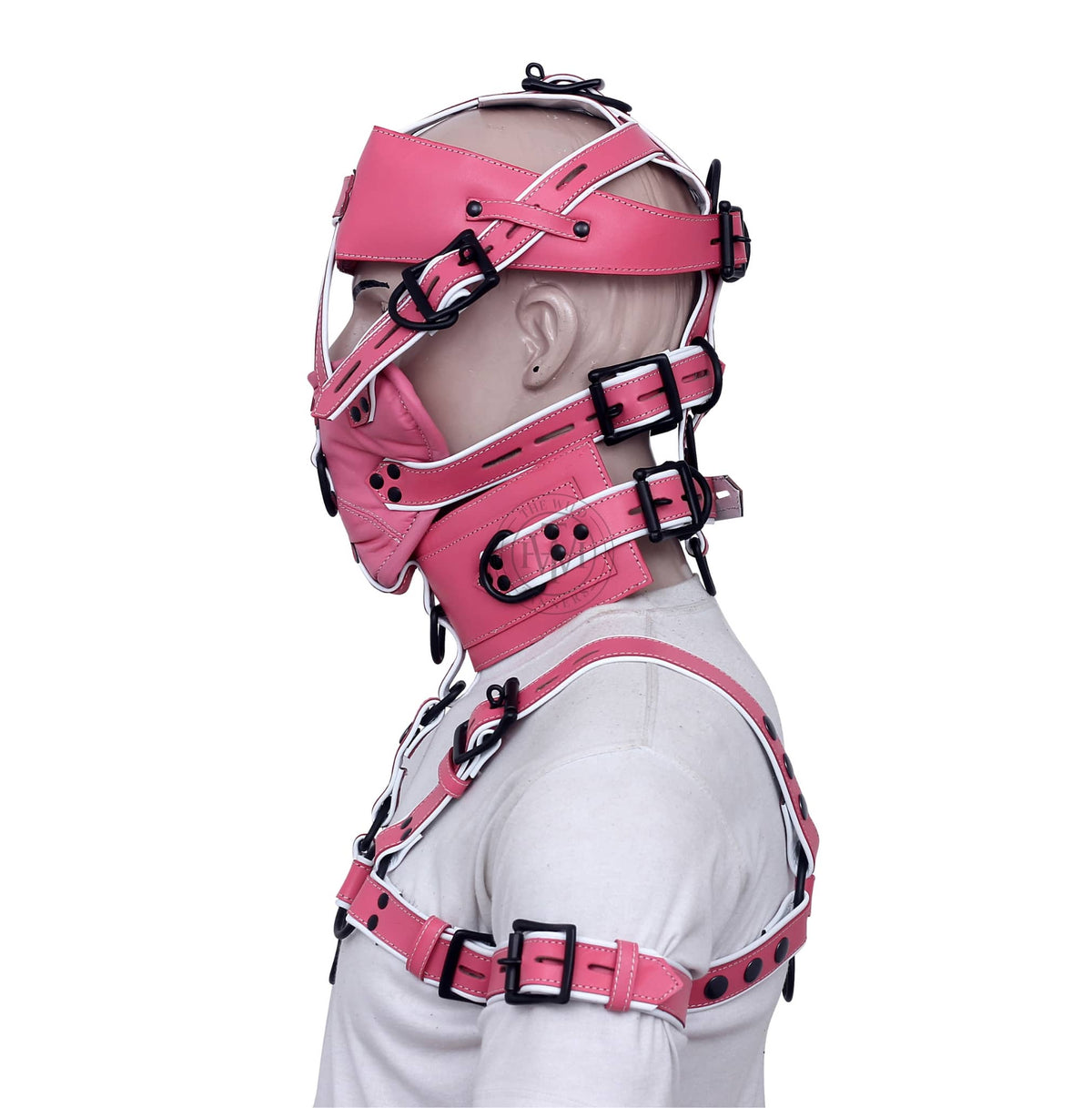 Leather bondage muzzle gag with chest harness and biceps cuffs, view 2
