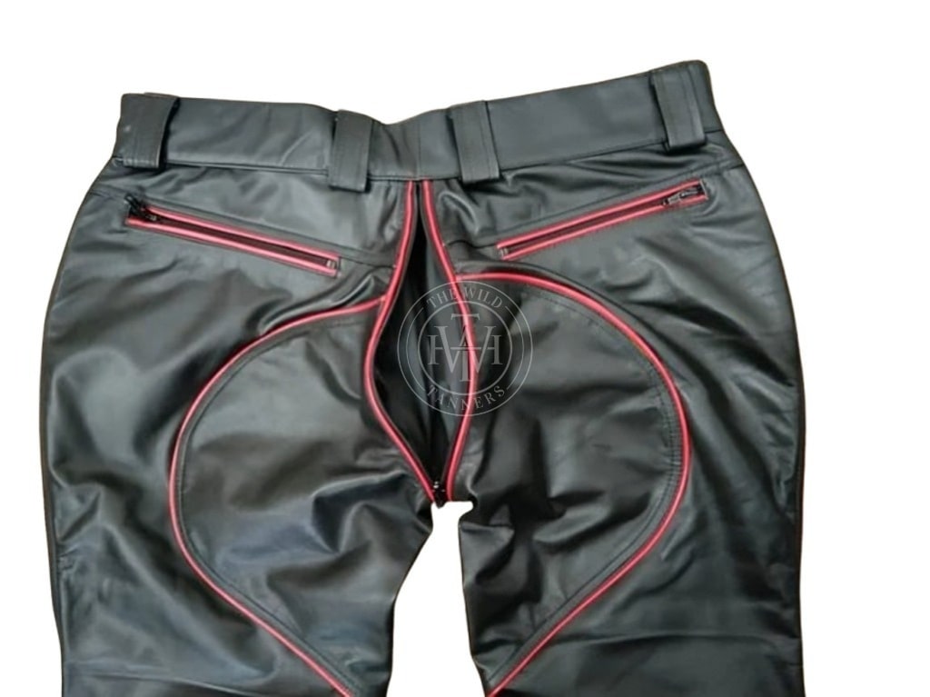 Black and red leather bondage breeches, view 6