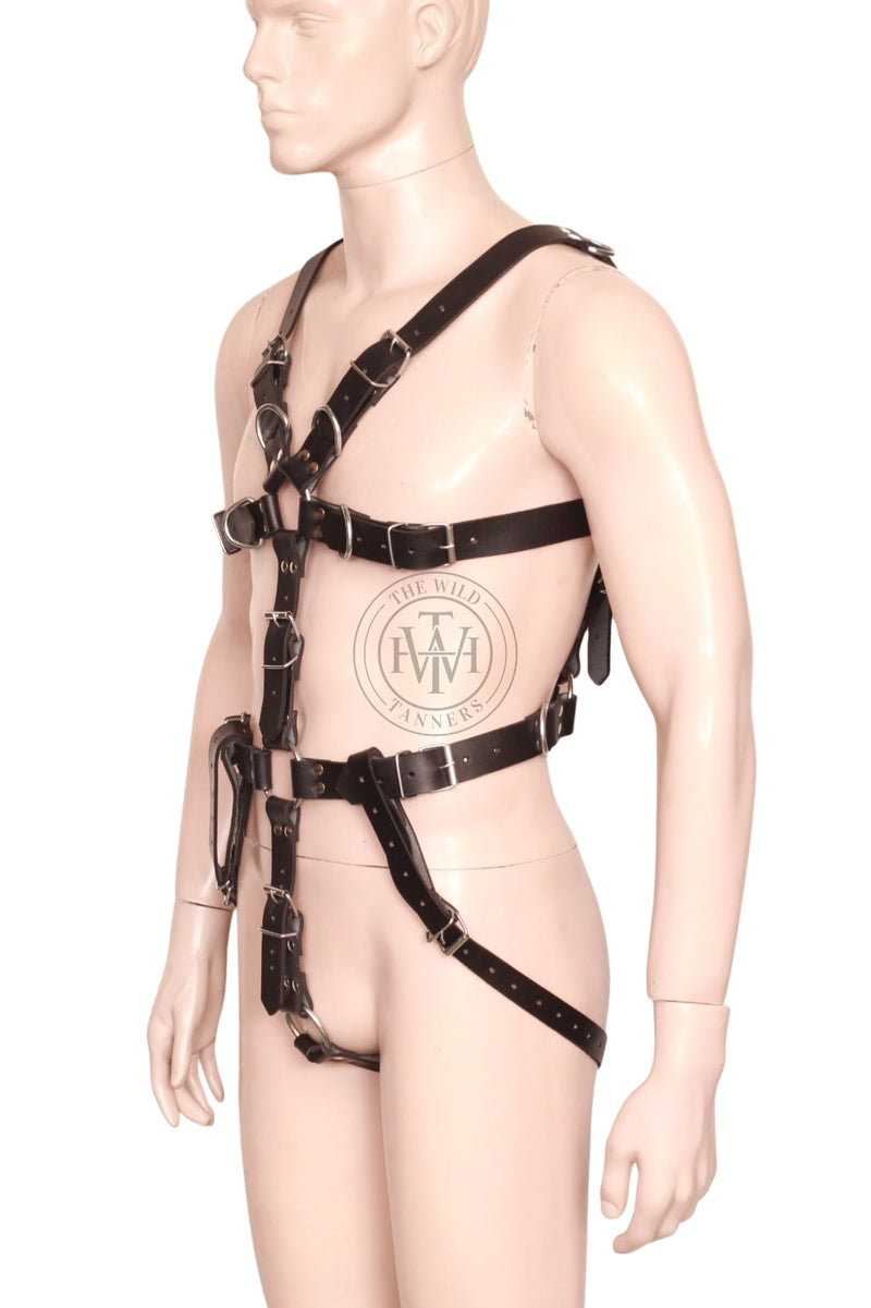 leather harness, leather gay harness, leather bondage harness, mens leather harness, leather harness for men, bondage harness, gay harness, gay leather harness, mens leather harness, leather body harness, body harness, leather jockstrap, adjustable leather harness, durable leather, men’s leather gear, body harness with jockstrap, metal accents, premium leather, secure fit, bold leather harness