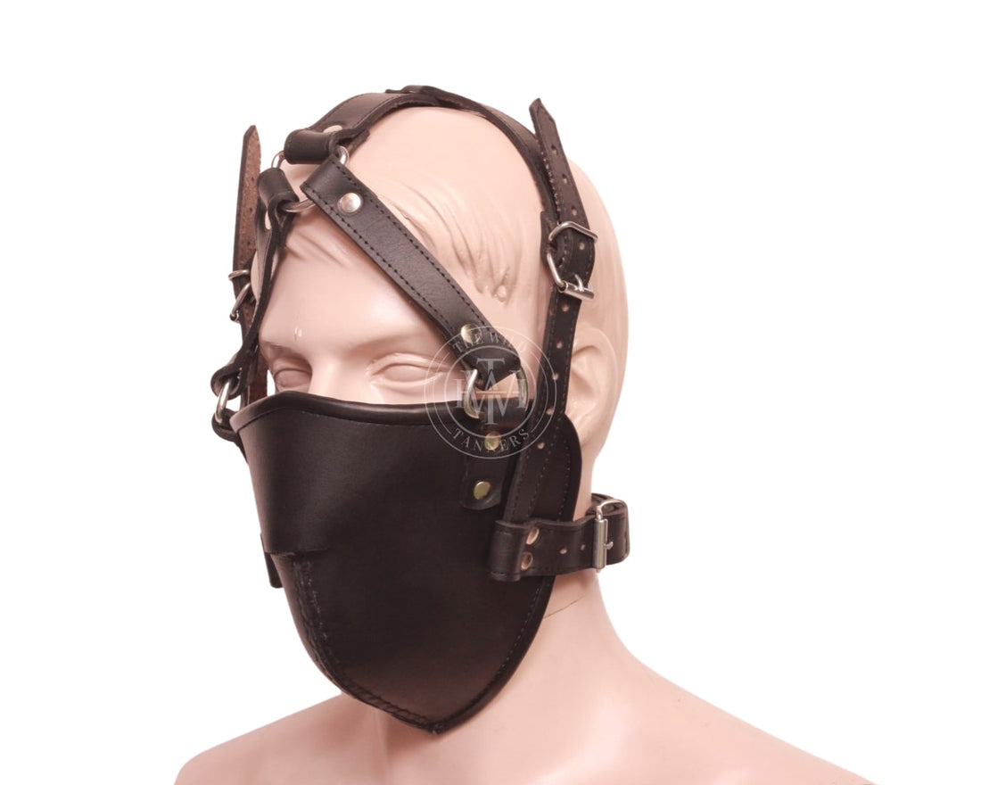 bondage leather head harness, bdsm leather face harness, leather bondage hood harness, bdsm face restraint harness, men’s leather bondage head harness 