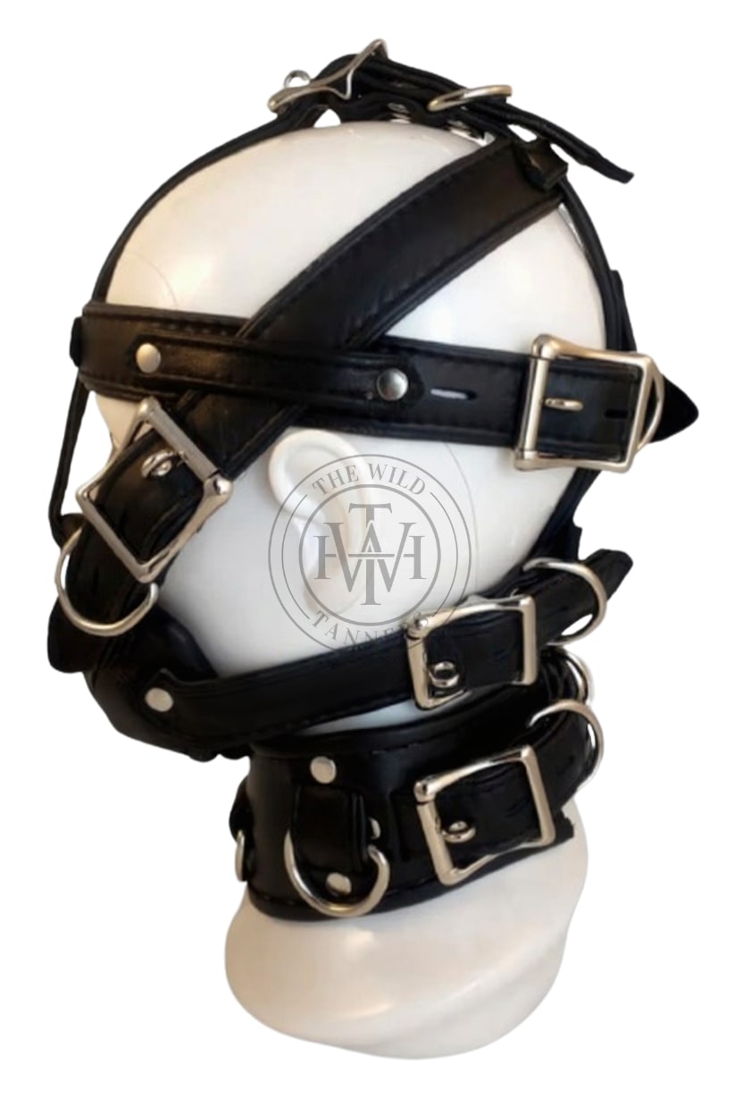 leather bondage hood, black leather bdsm hood, full head leather bondage mask, fetish leather hood with straps
