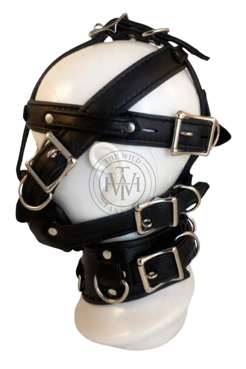 leather bondage hood, black leather bdsm hood, full head leather bondage mask, fetish leather hood with straps