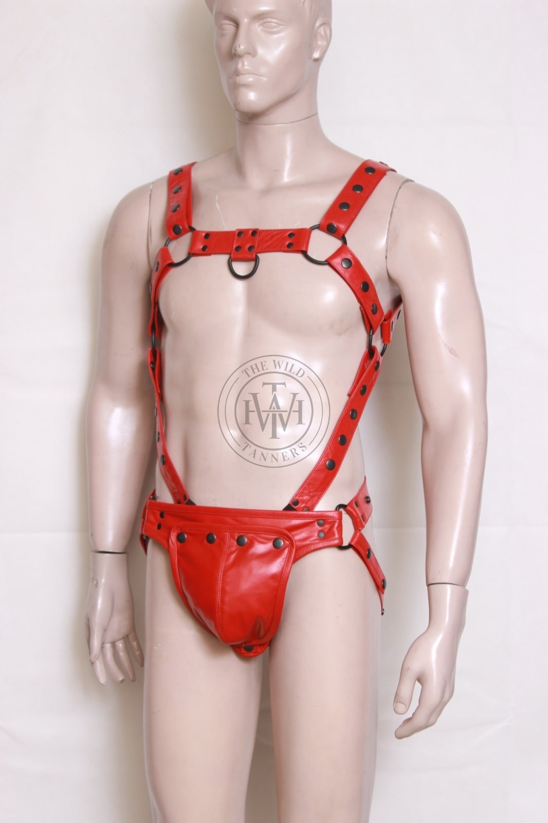 Leather bulldog harness with jockstrap and cock ring, view 2
