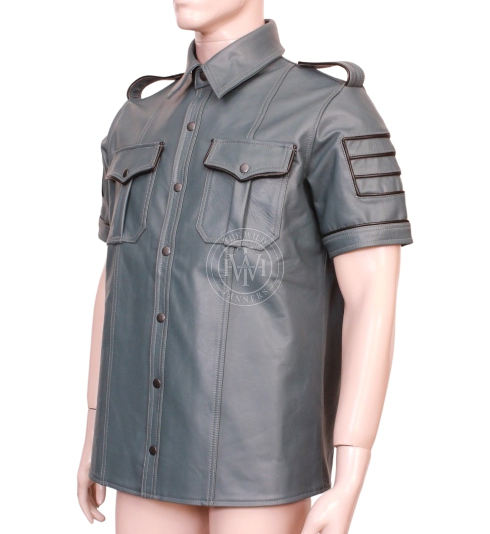 Stylish Leather Military Style Shirt, view 2
