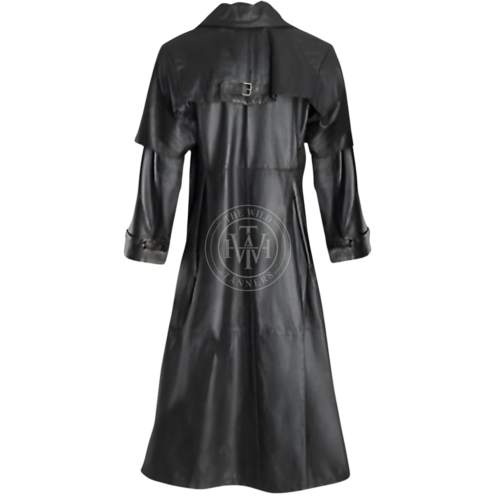 Leather Black Long Mens Trench Coat, view 3