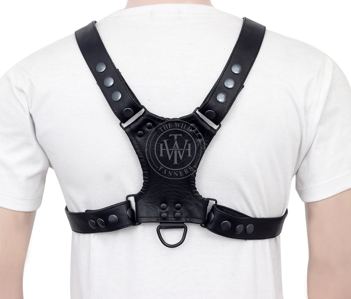 Mens Leather Bulldog Harness With Rectangular Rings, view 4