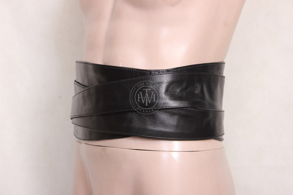 Black genuine leather obi wrap belt, view 2