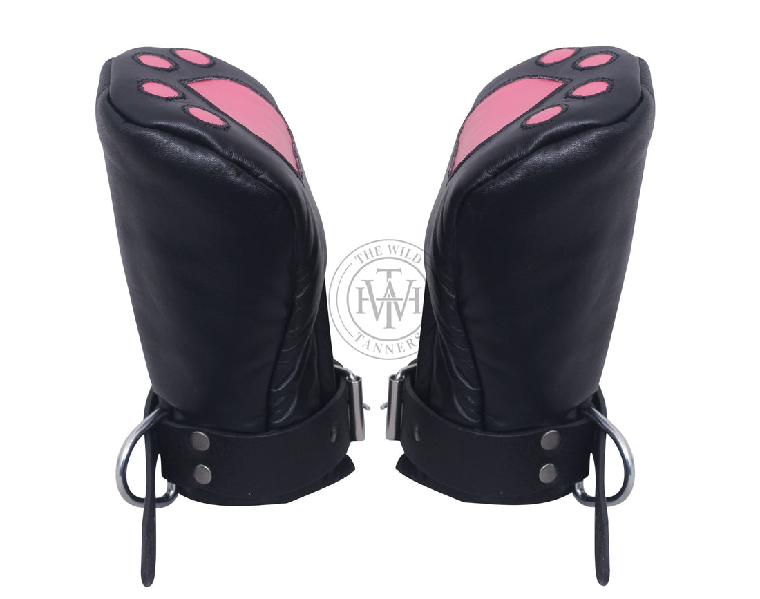 locking leather bondage mitts, BDSM pup play gloves, padded leather restraint mittens, full hand bondage mitts, leather BDSM mittens for submissives, pup training hand restraints, bondage gloves with buckle straps, heavy-duty leather kink mitts