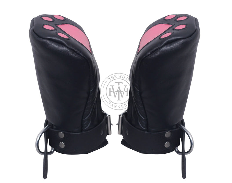 locking leather bondage mitts, BDSM pup play gloves, padded leather restraint mittens, full hand bondage mitts, leather BDSM mittens for submissives, pup training hand restraints, bondage gloves with buckle straps, heavy-duty leather kink mitts