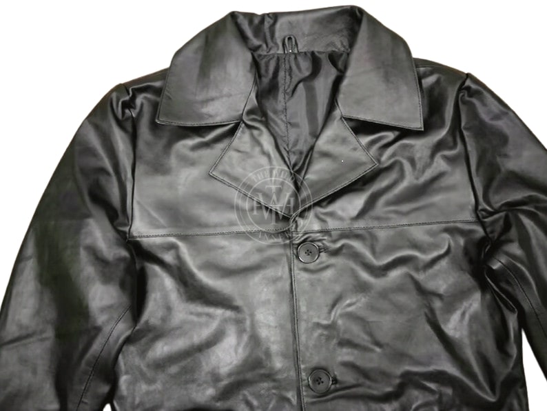 Men's Black Leather Long Trench Coat, view 3