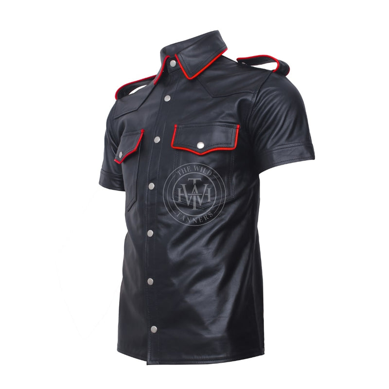 Genuine Leather Men's Black Short Sleeve Shirt, Short Sleeve Shirt, Men's Black Short Sleeve Shirt, Men's Black Leather Shirt, 