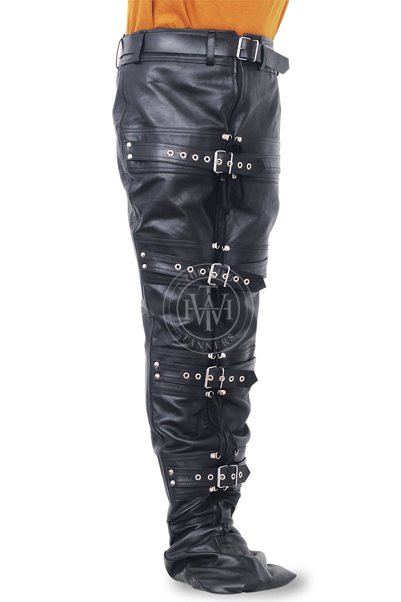 leather leg binders, leather restraints, black leather restraints belts