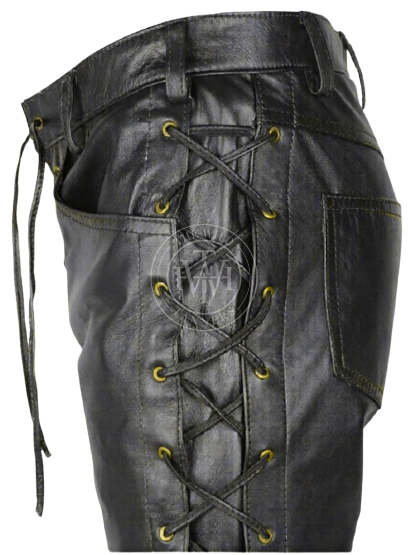 Men's Side Lace Up Black Leather Pants, view 3