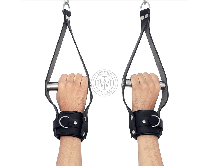 leather suspension cuffs, fur lined leather suspension cuff kit with bondage ring, high quality heavy leather padded wrist suspension cuffs, leather ankle suspension cuff, leather bondage suspension cuffs, suspension cuffs, bondage suspension cuffs, bdsm suspension cuffs, bdsm leather suspension cuffs