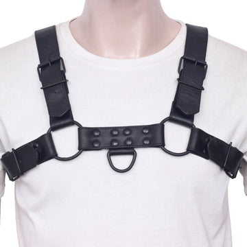 Black genuine leather H-harness with adjustable straps