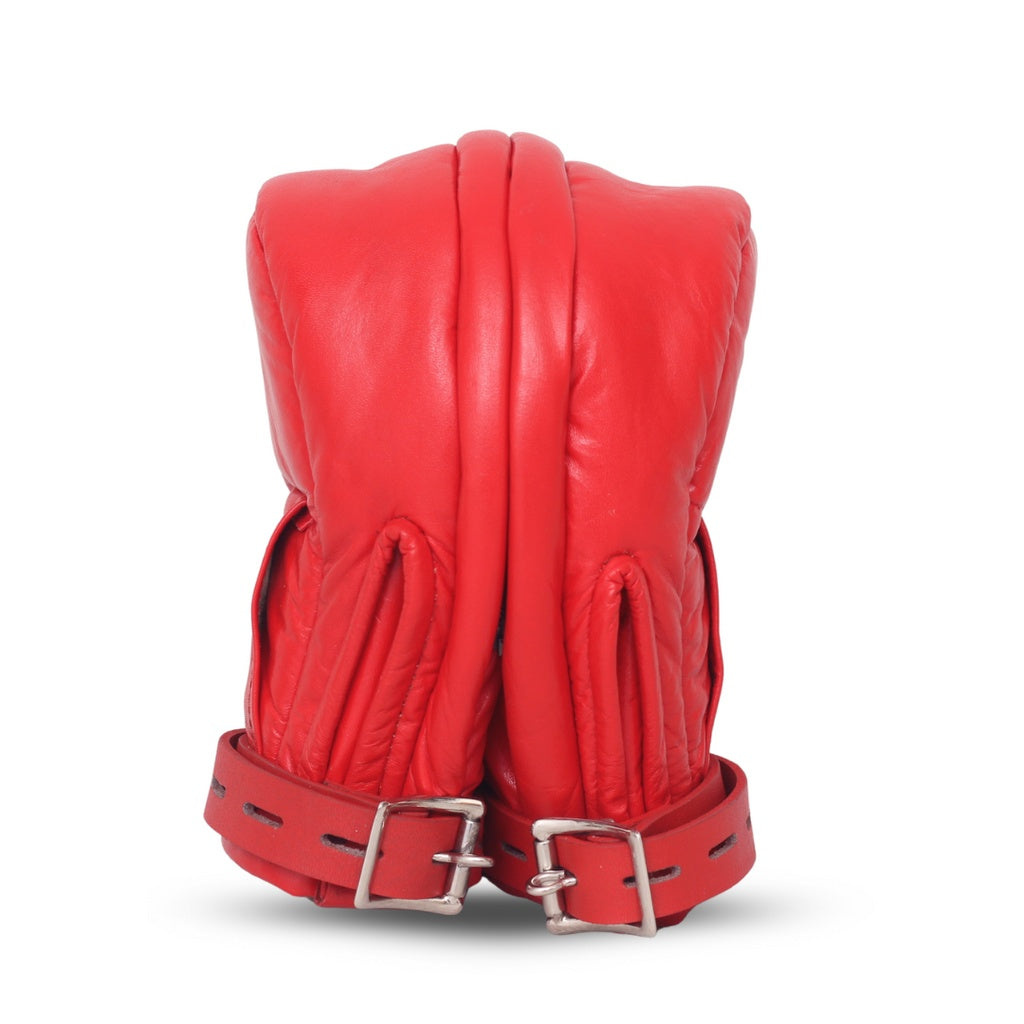 red locking mittens, leather bondage gloves, BDSM mittens