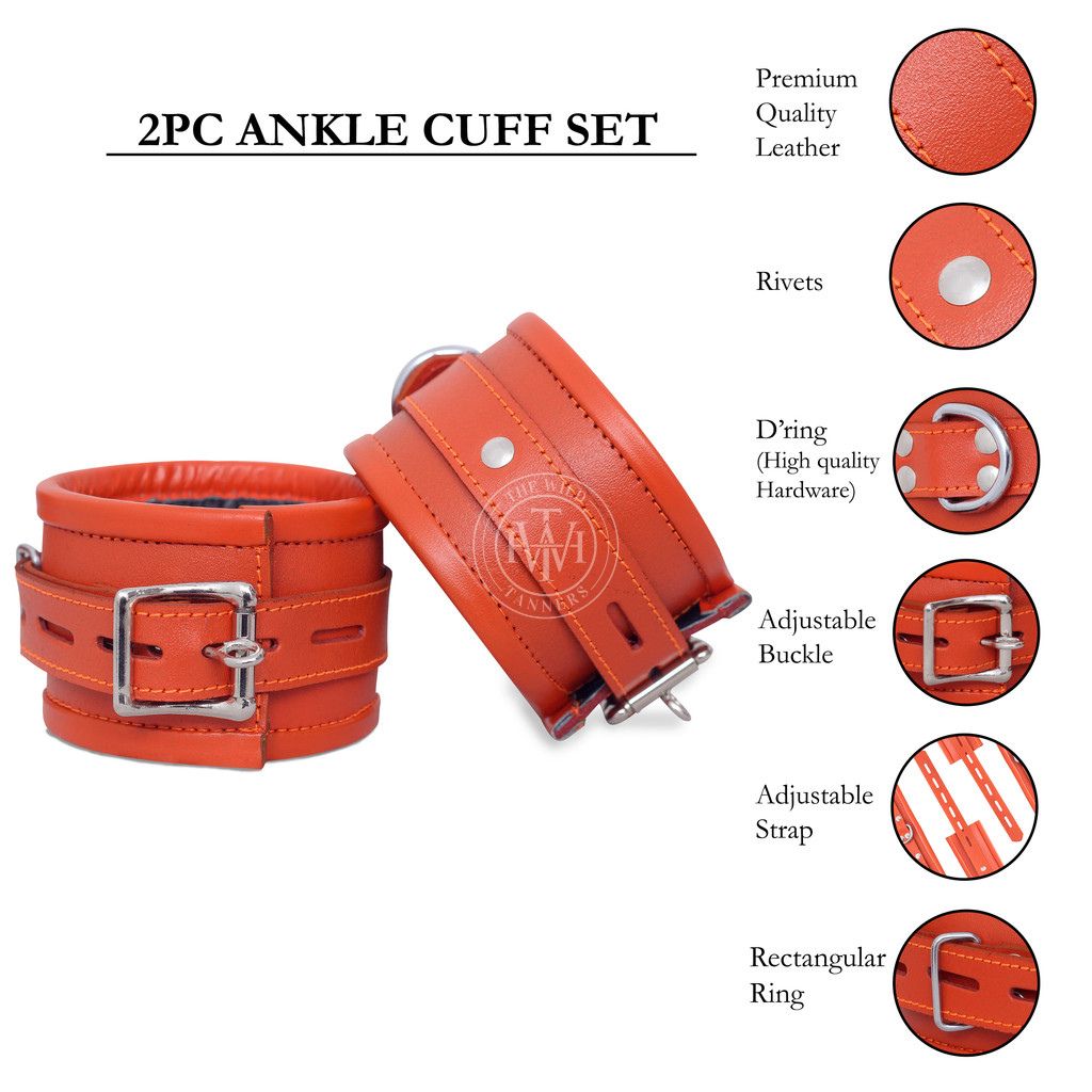 7 Pcs Orange Leather Bondage Handcuffs Set Unisex, view 9