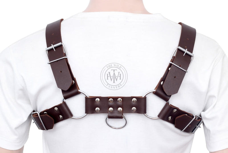 brown sleek adjustable gay mens harness, leather gay mens harness, leather harness