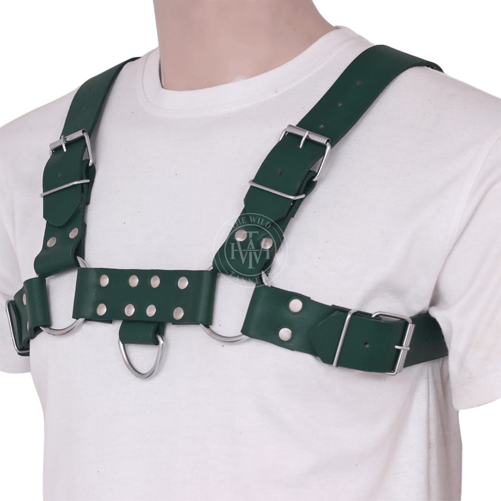 green leather harness, adjustable men’s harness, bdsm chest harness, gay leather harness, padded harness straps, leather gay mens harness